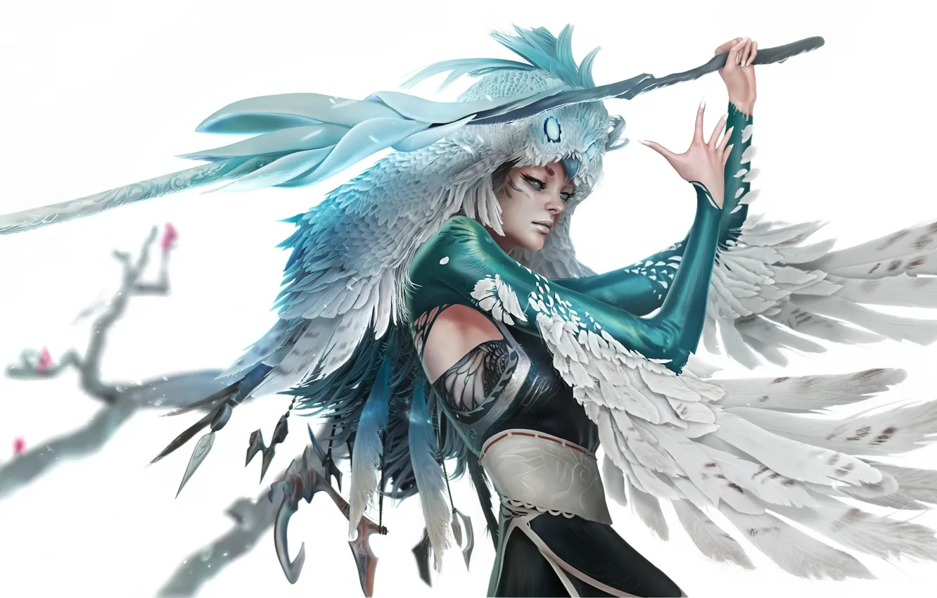 Фото обои девушка, оружие, перья, профиль