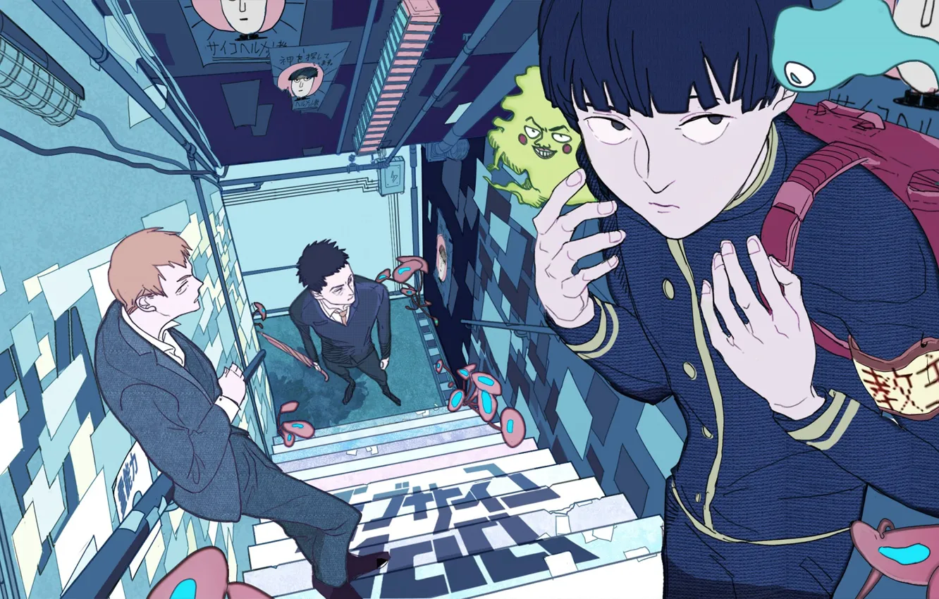 Фото обои улица, аниме, арт, парень, Mob Psycho 100