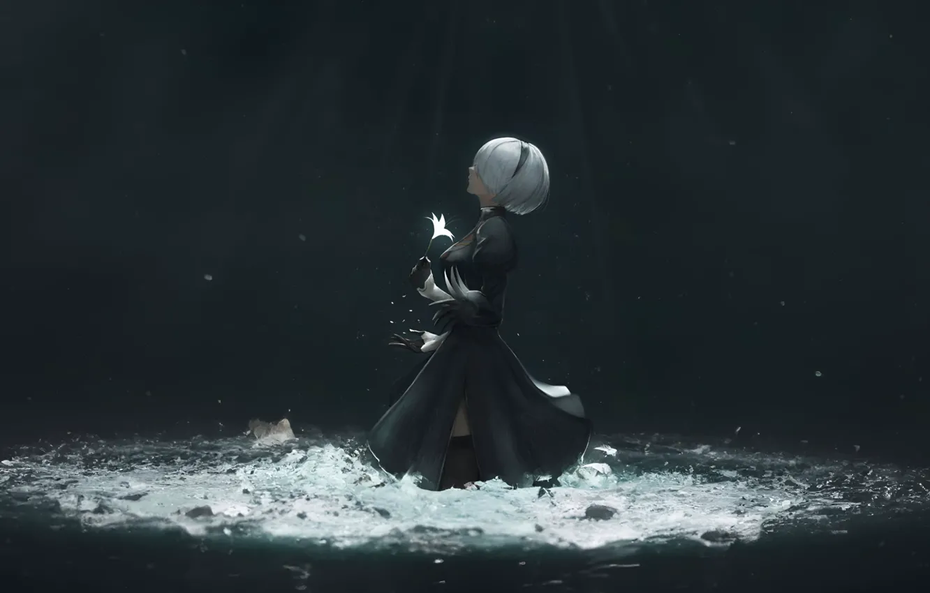 Фото обои луч света, цифровое искусство, Pixiv, Nier Automata, Type B, фэнтези арт, Yorha No2, лунный цветок
