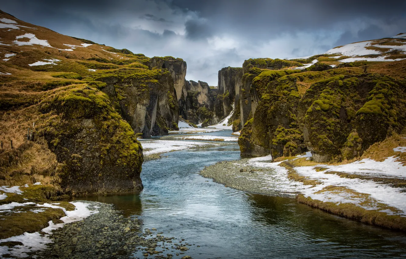 Фото обои зима, горы, река