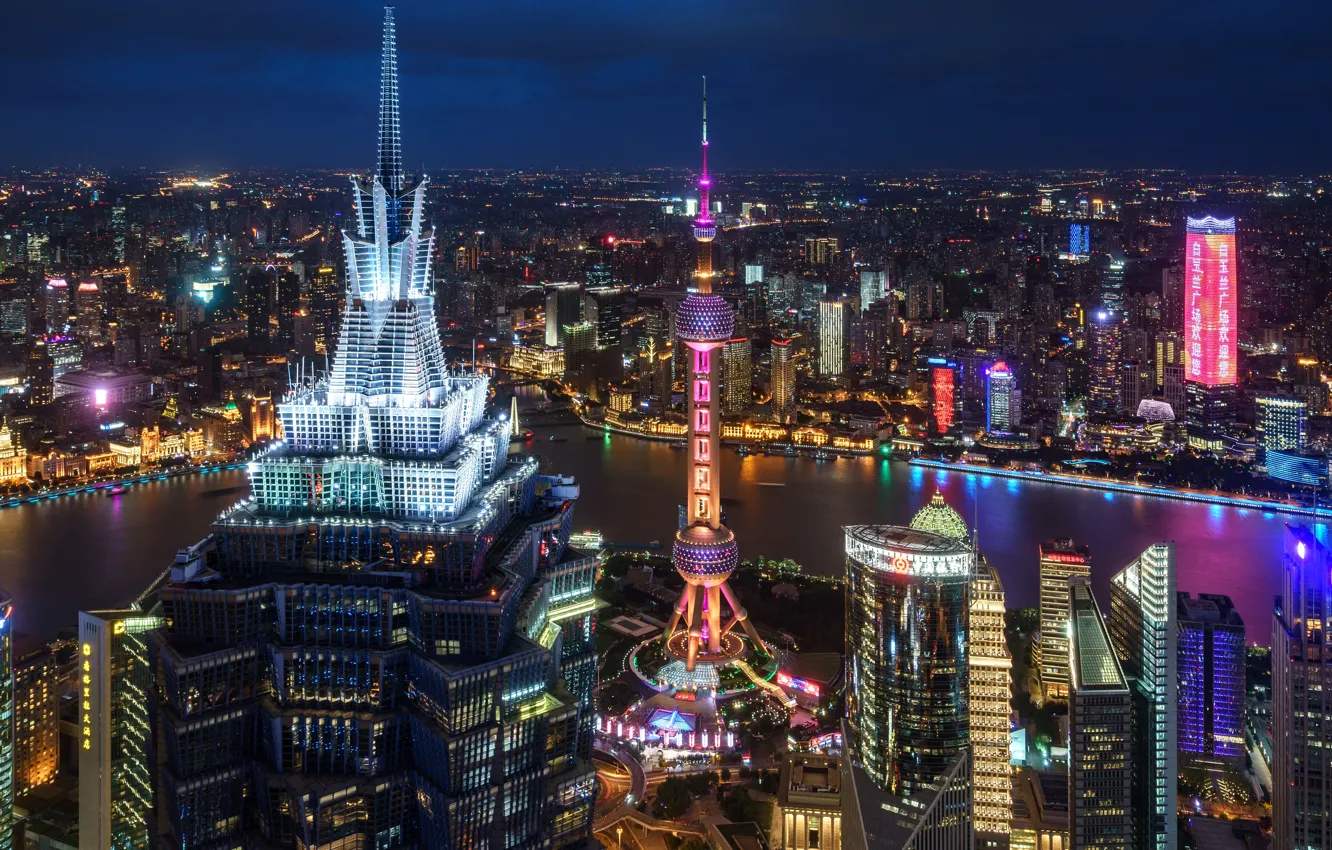 Фото обои река, China, здания, дома, Китай, Shanghai, Шанхай, ночной город