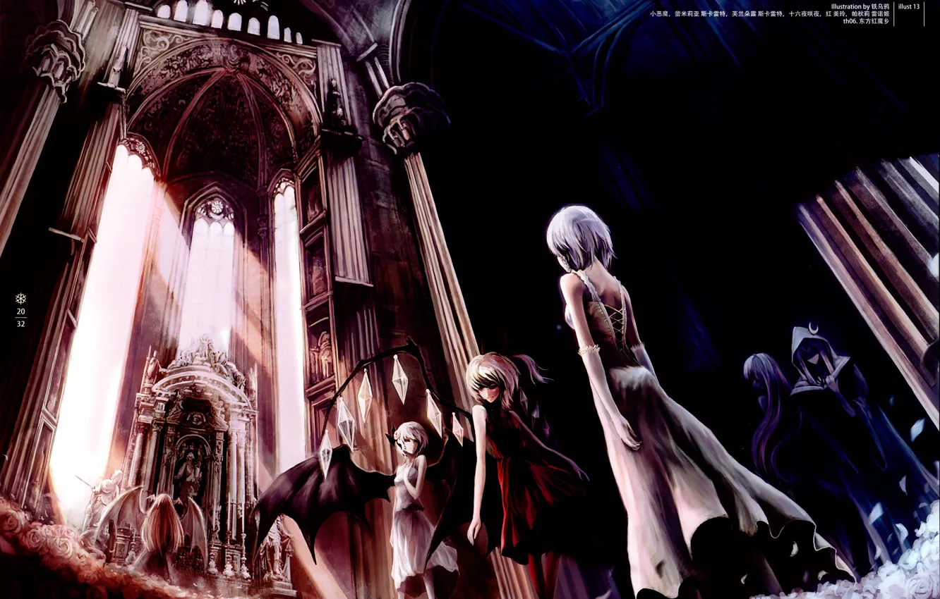 Фото обои крылья, вампиры, алтарь, Touhou, Izayoi Sakuya, Remilia Scarlet, art Crowdesu, черная месса