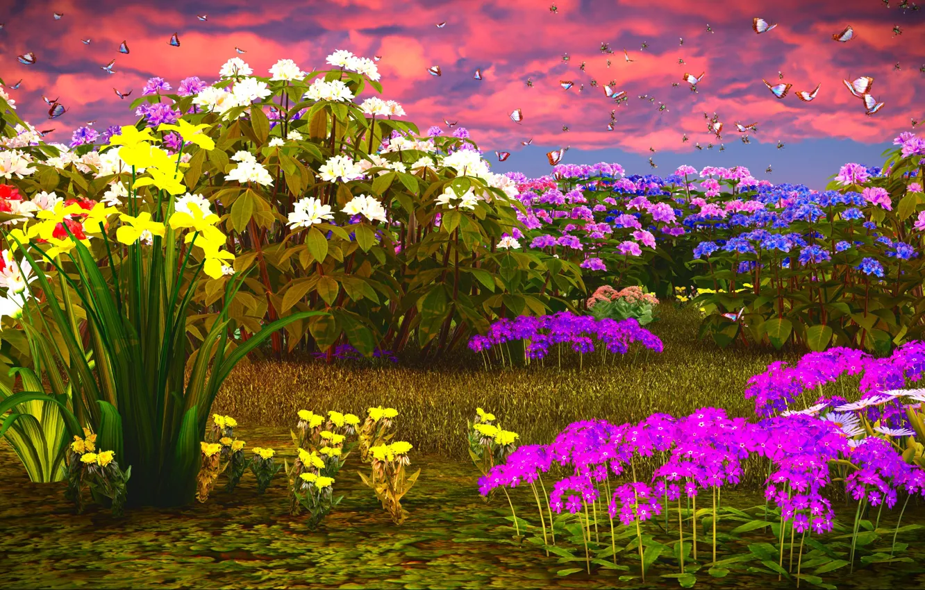 Фото обои небо, трава, облака, бабочки, цветы, нарциссы, флоксы