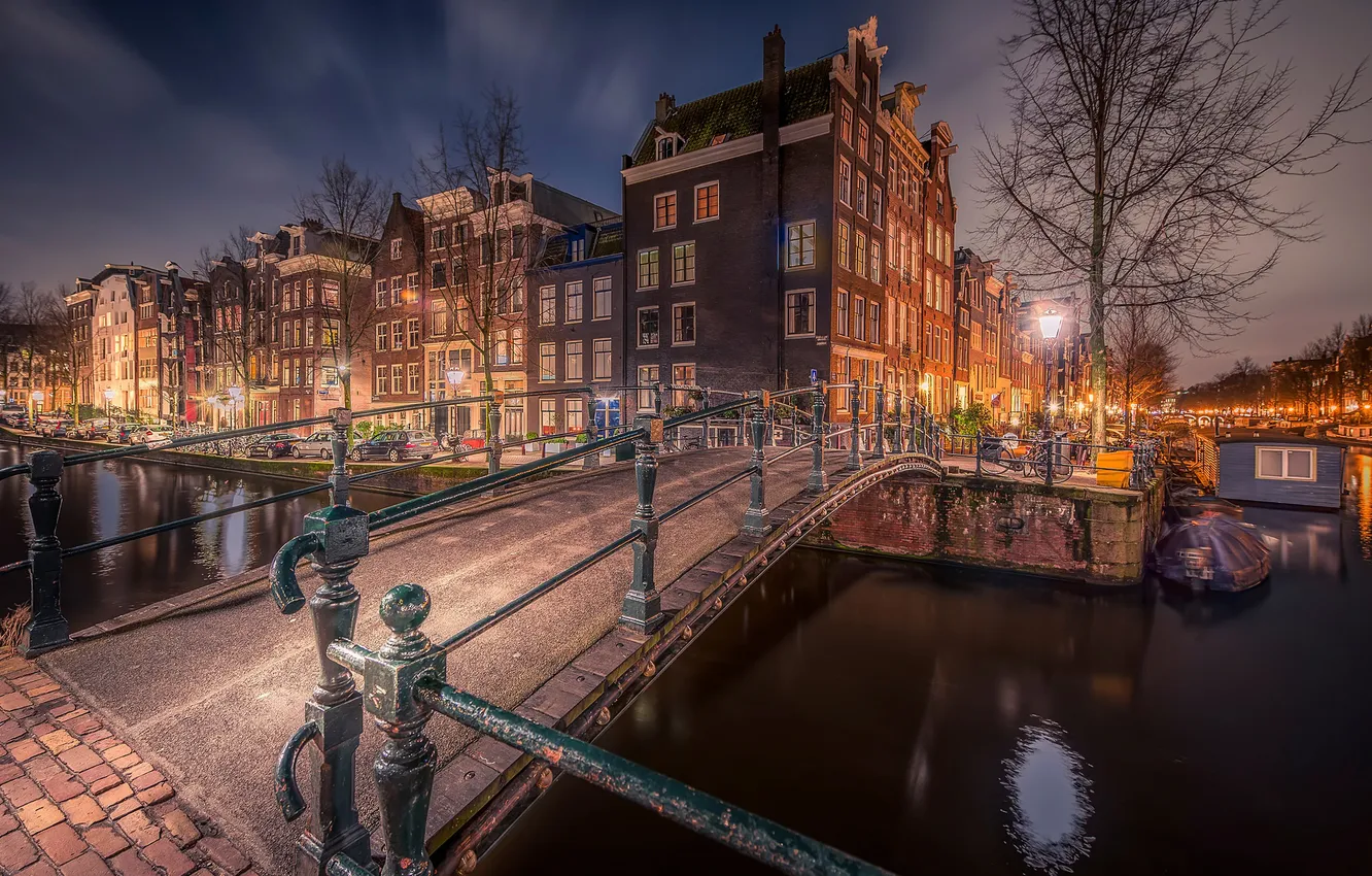 Фото обои ночь, канал, Amsterdam, Milkmaids bridge