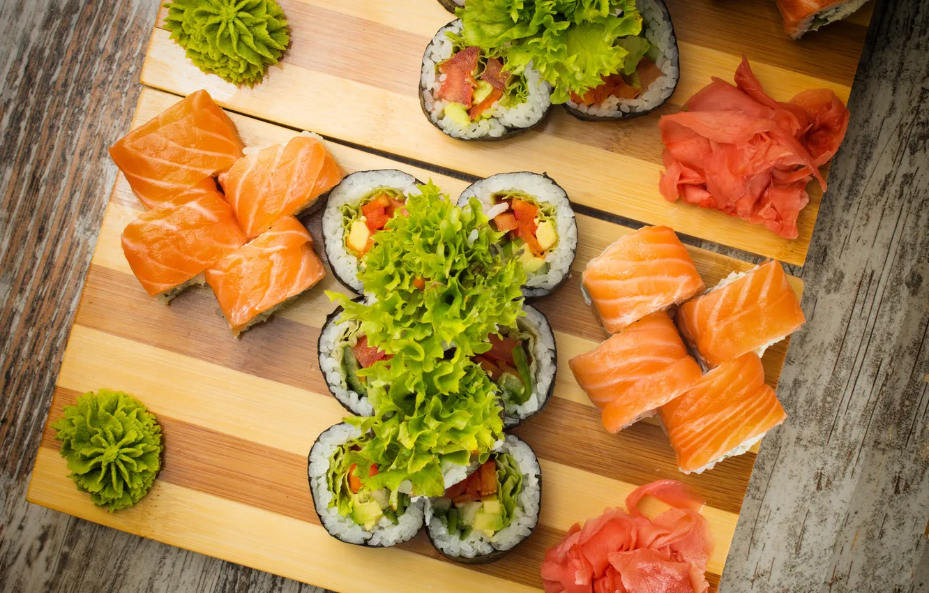 Фото обои rolls, sushi, суши, салат, роллы, японская кухня, имбирь, ginger