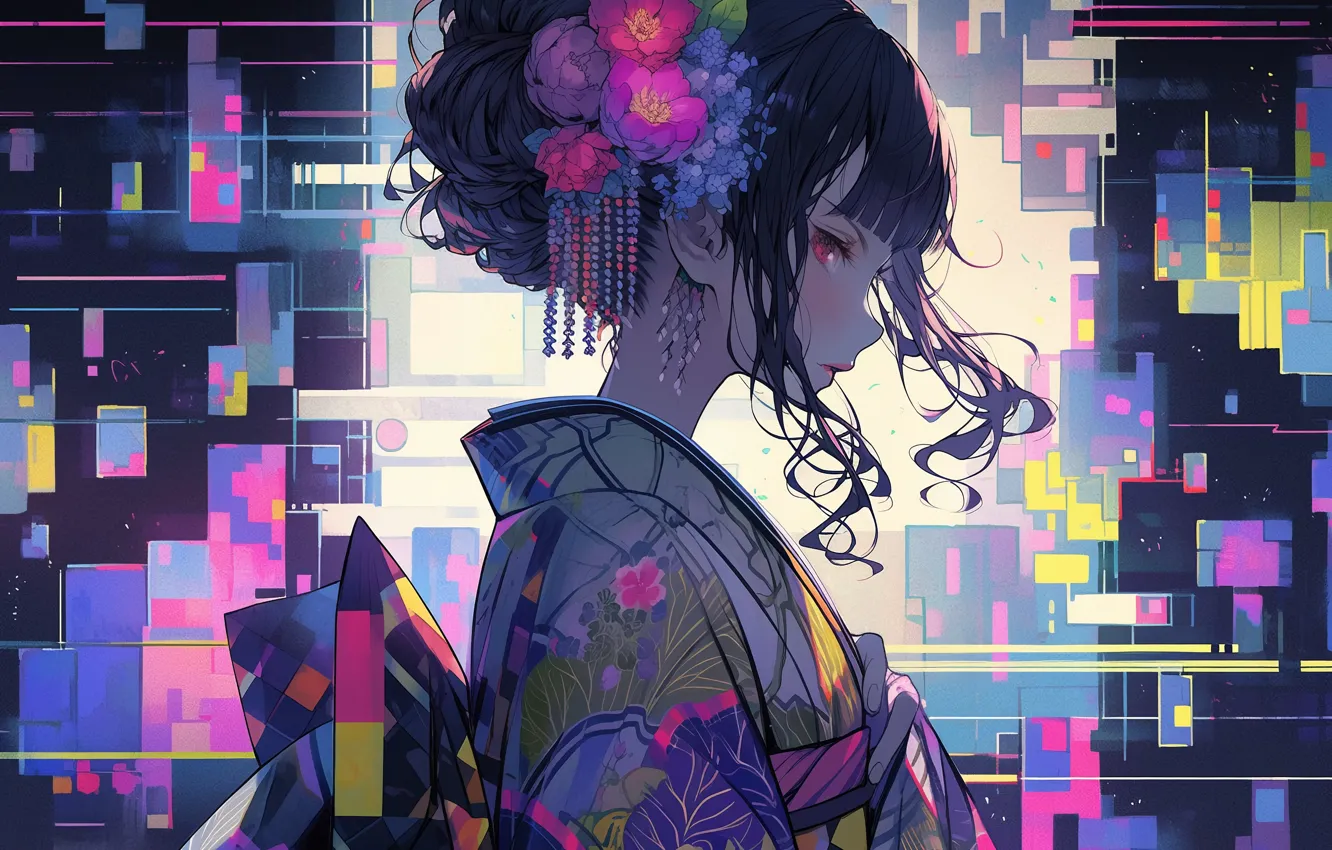 Фото обои девушка, colorful, abstract, Asian, red eyes, brunette, digital art, kimono