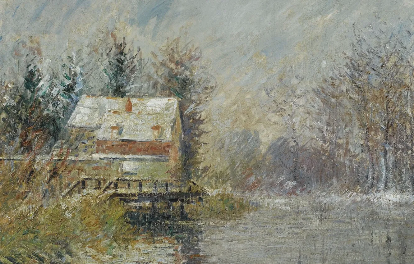 Фото обои пейзаж, картина, Гюстав Луазо, Gustave Loiseau, Дом у Воды. Снежный Эффект