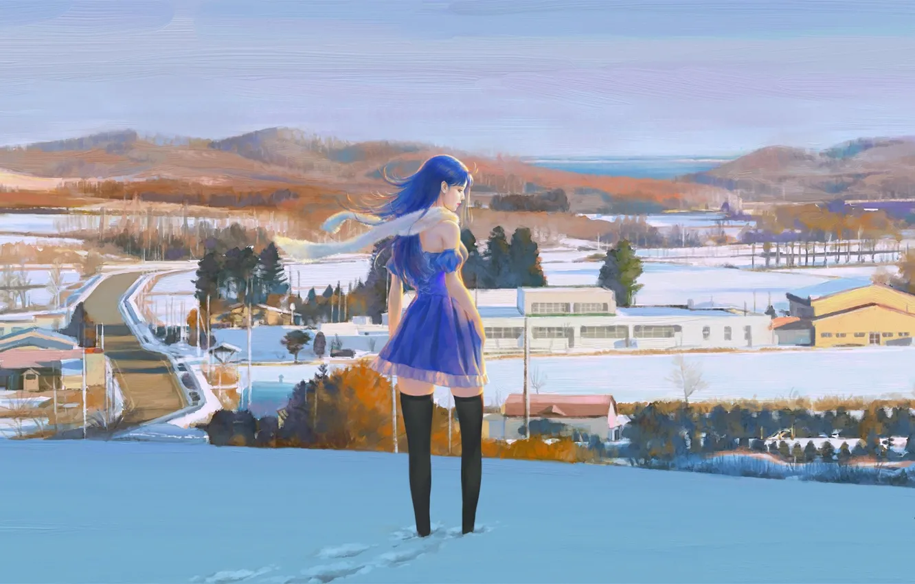 Фото обои зима, дорога, небо, девушка, снег, следы, холмы, дома