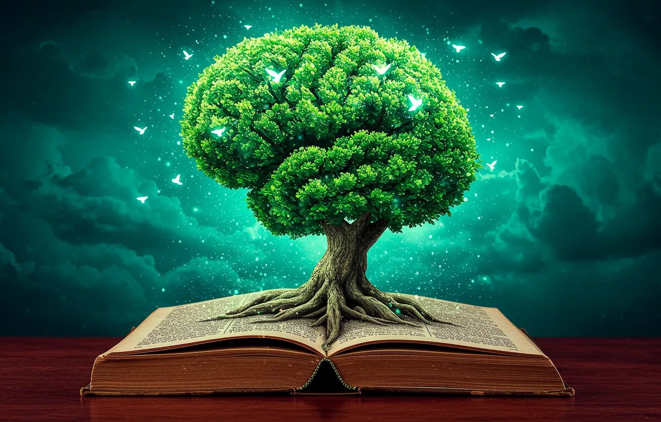 Фото обои дерево, арт, книга, wallpaper, art, tree, book, знания
