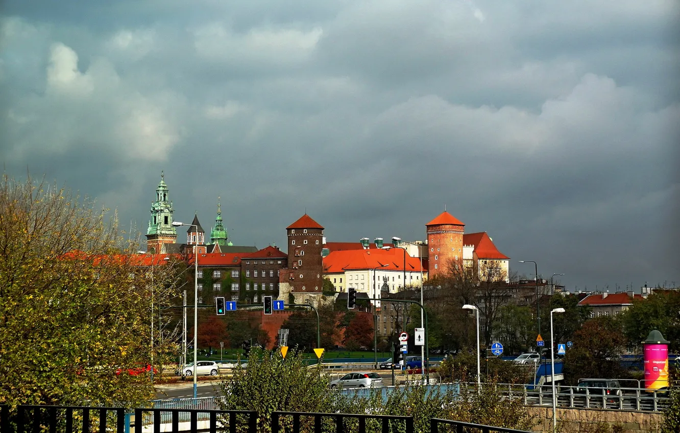 Фото обои небо, мост, башня, холм, Польша, Краков, Вавель