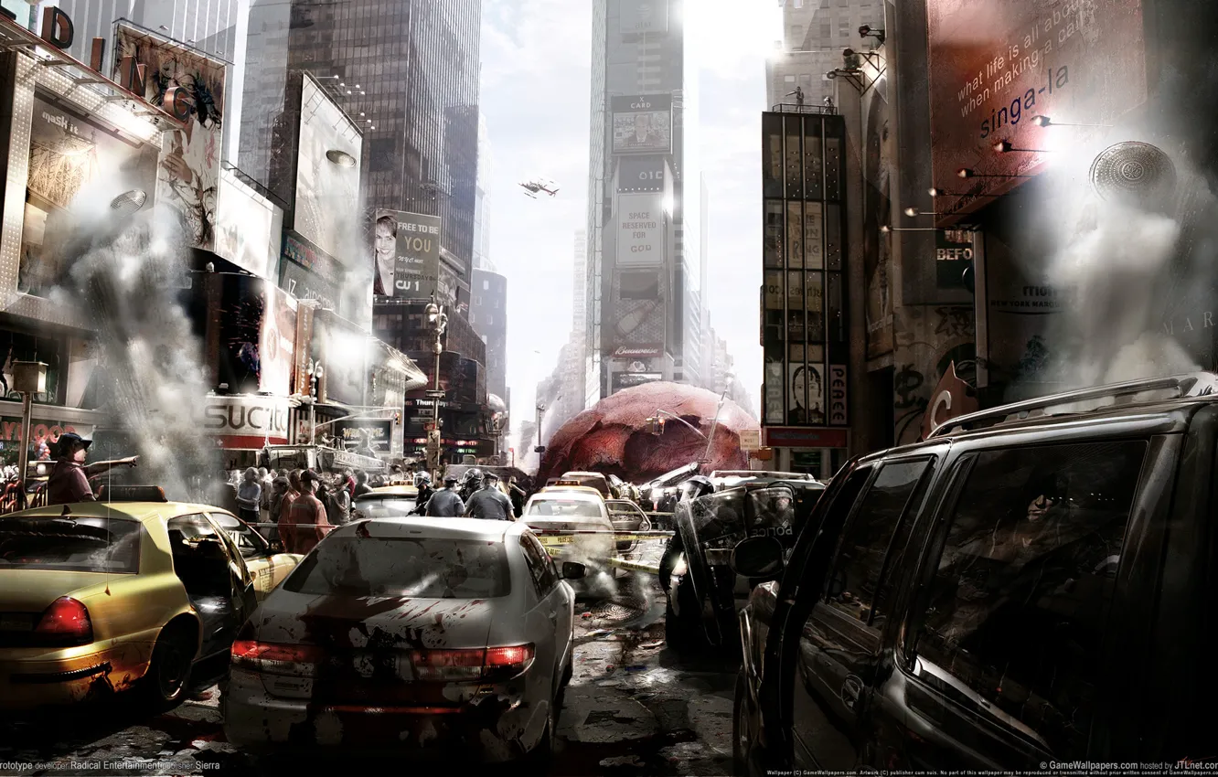Фото обои машины, город, люди, Prototype, хаос, нью-йорк, вирус, эпидемия