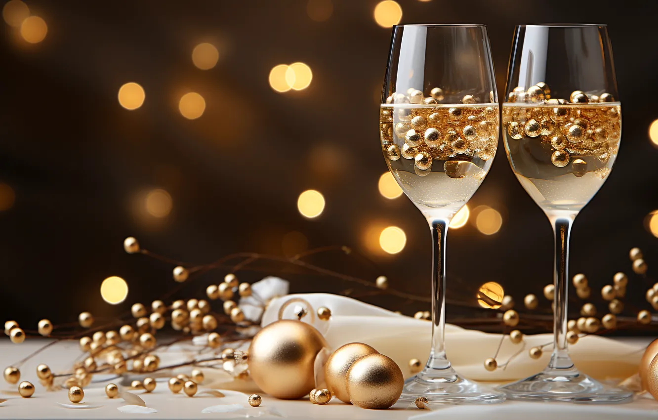 Фото обои украшения, золото, шары, Новый Год, бокалы, golden, new year, шампанское