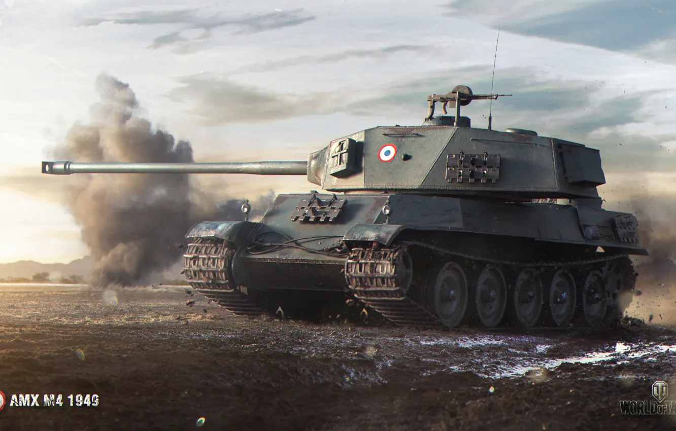 Фото обои поле, дым, танк, тяжелый, World of Tanks, французский, AMX M4 1949