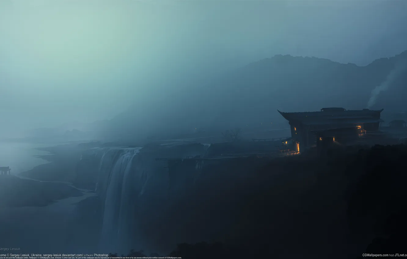 Фото обои ночь, туман, дом, водопад, фэнтези, Home, CG wallpapers, Sergey Lesiuk