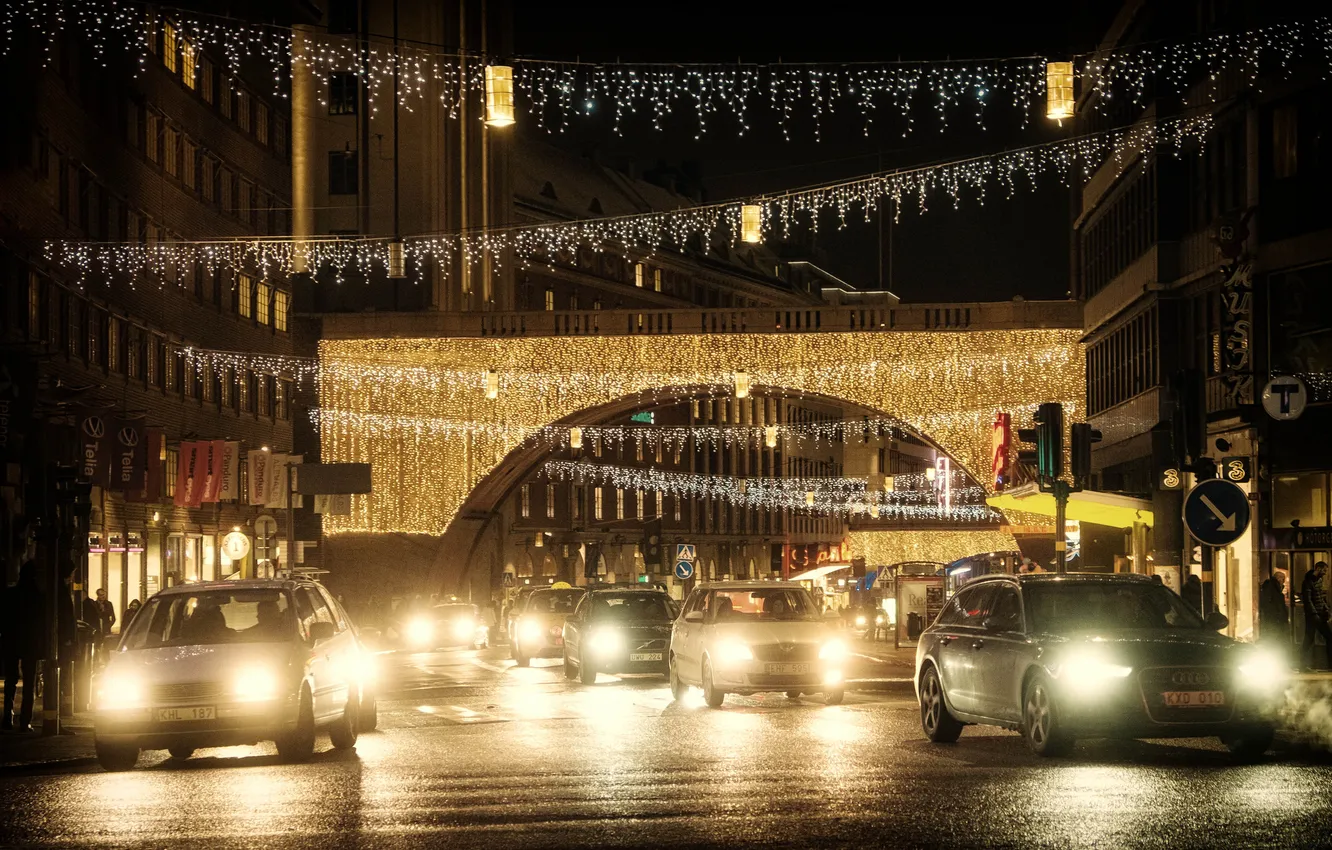 Фото обои машины, ночь, огни, улица, освещение, Стокгольм, Швеция