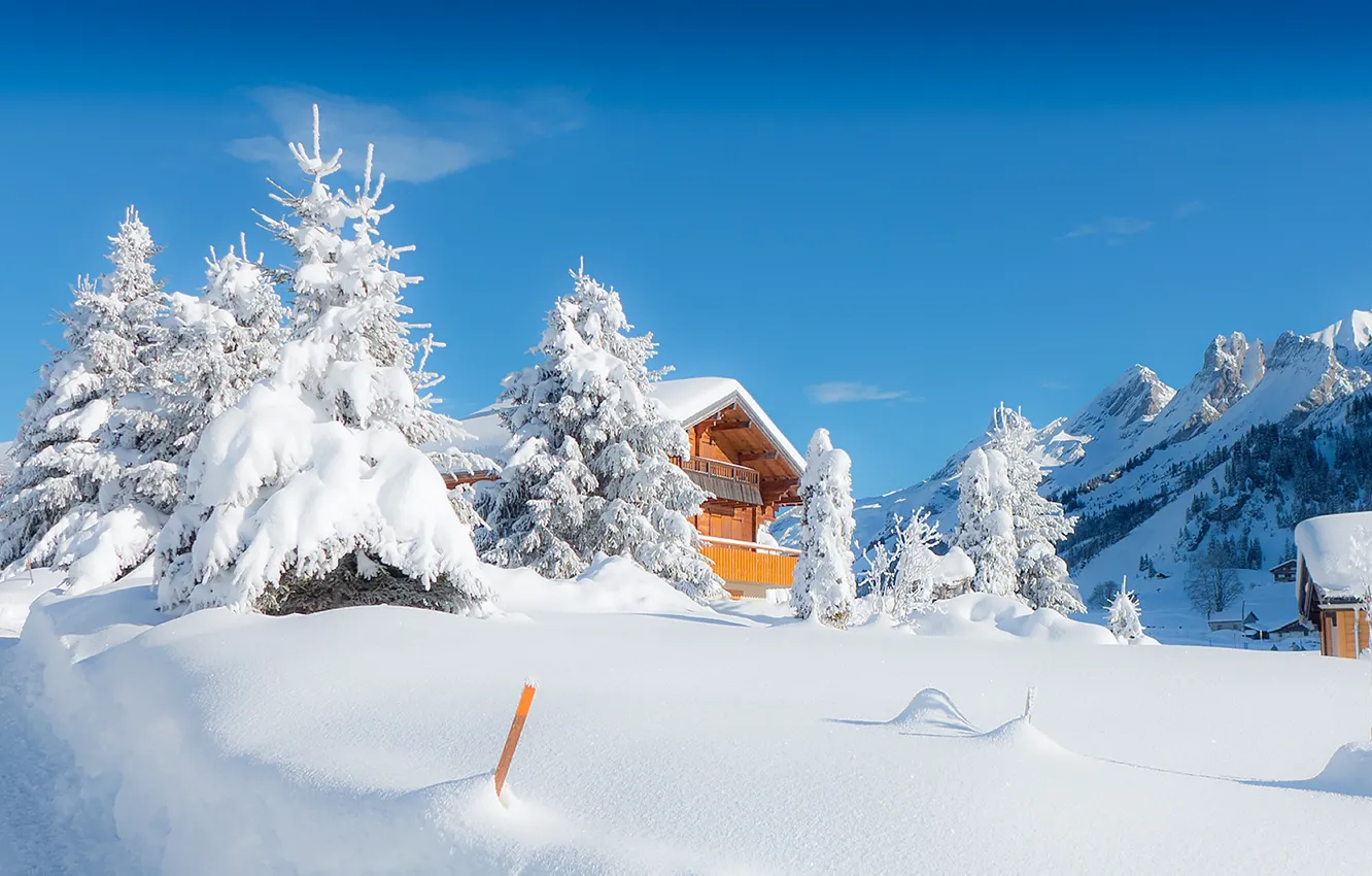 Фото обои снег, горы, домик