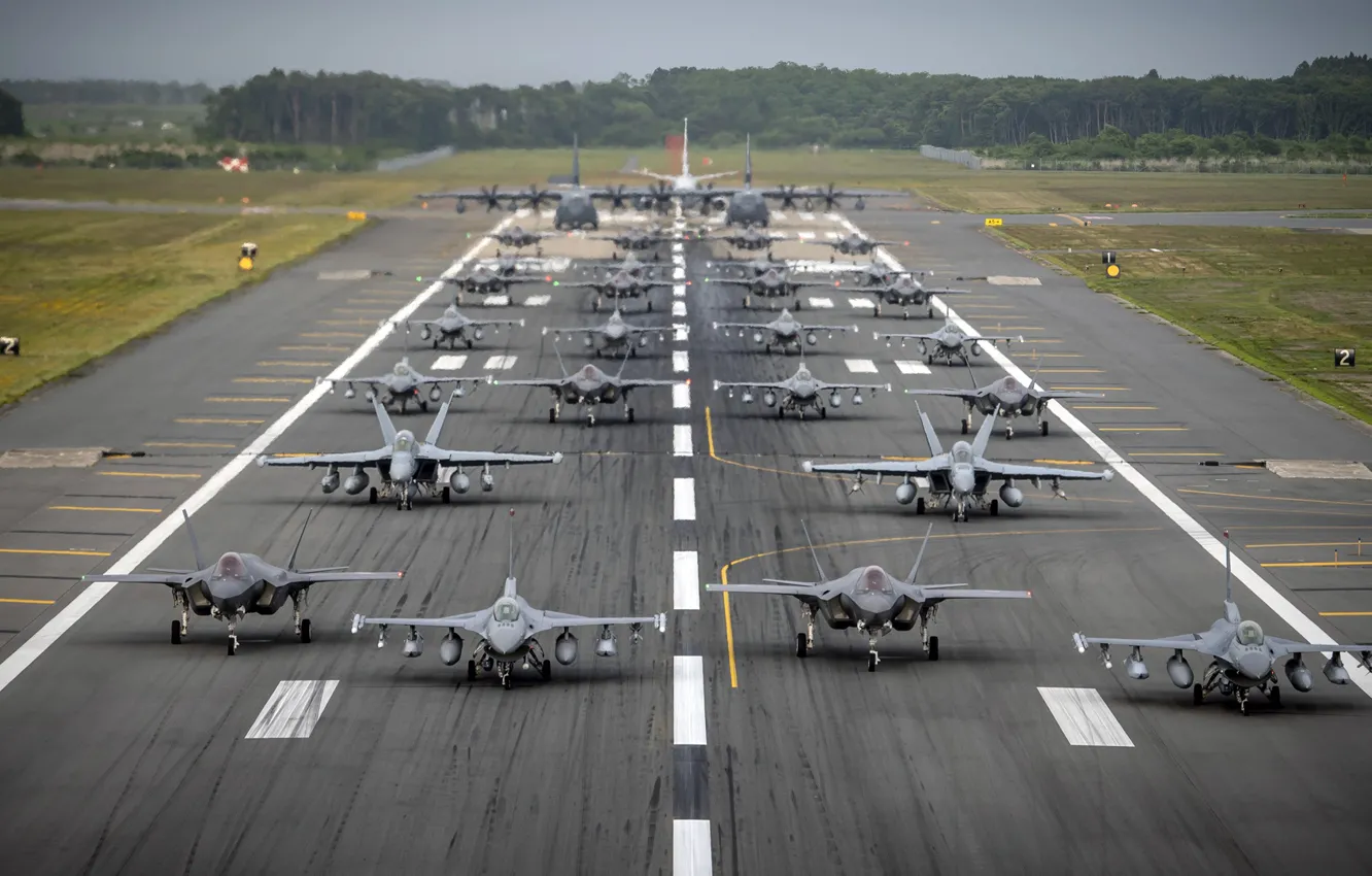 Фото обои EA-18G Growler, F-35A Lightning II, Elephant Walk, F-16CM Fighting Falcon, MC-130J Commando II, C-12 Huron, …