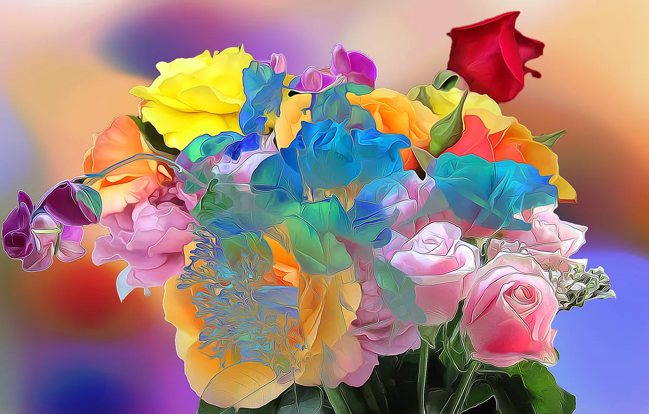 Фото обои линии, цветы, краски, роза, букет, лепестки