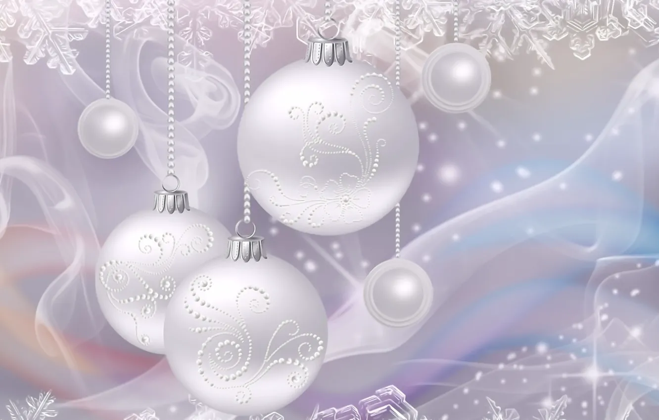 Фото обои снежинки, рендеринг, праздник, рисунок, Новый год, картинка, елочные украшения, серебристый фон