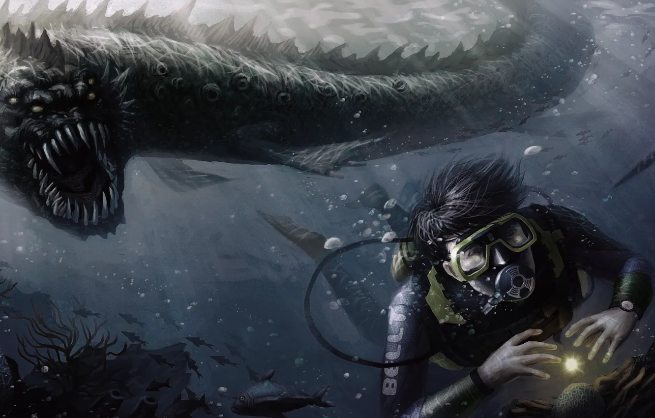 Фото обои монстр, аквалангист, жемчуг, охота, чудовище, Под водой