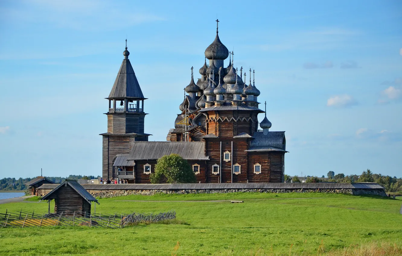 Фото обои пейзаж, озеро, остров, церковь, Россия, купола, Карелия, Kizhi Pogost