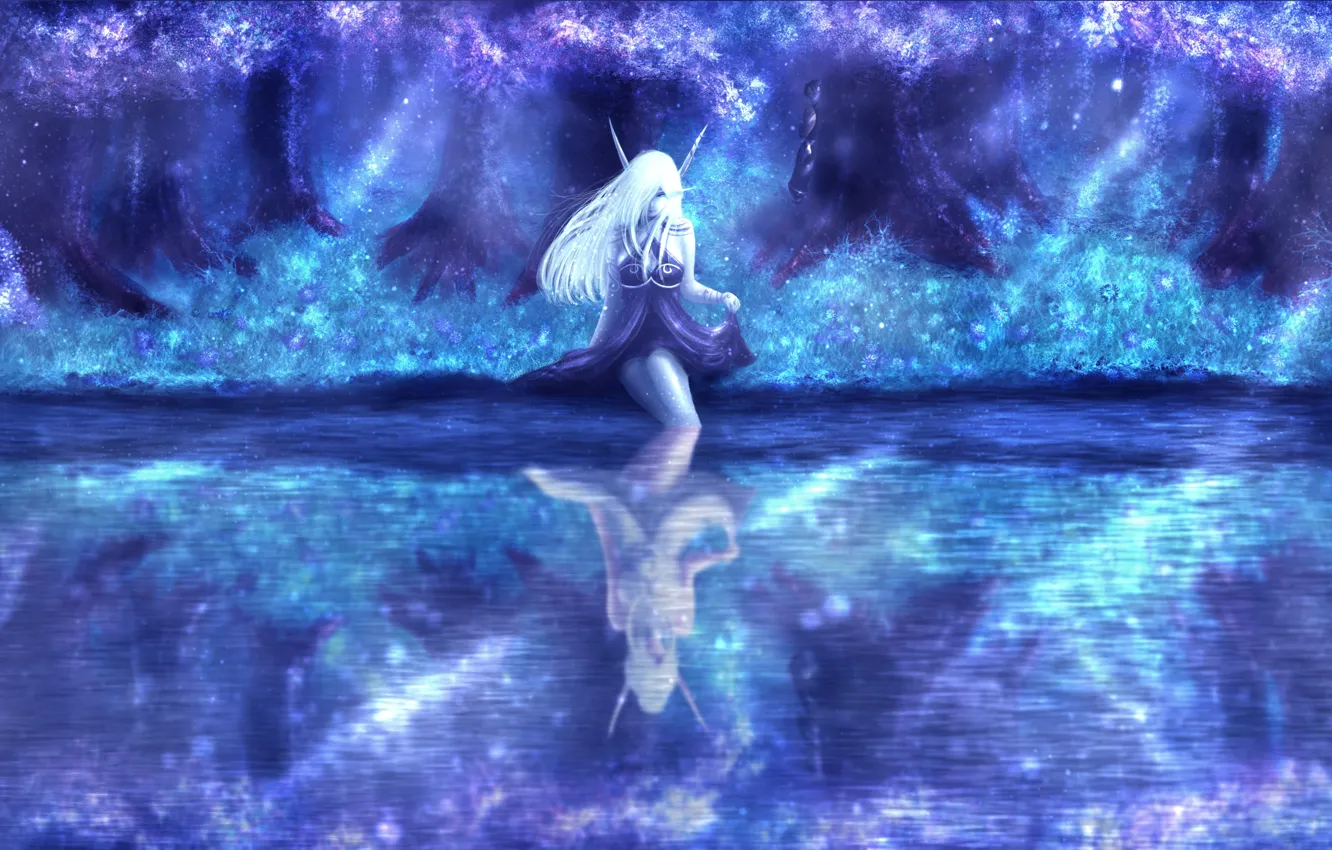 Фото обои вода, девушка, ночь, природа, эльф, фэнтези, Warcraft, Night Elf