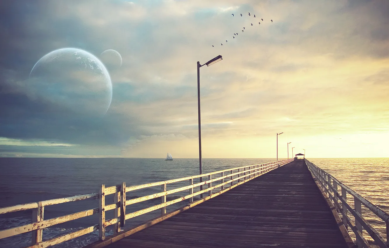 Фото обои море, небо, облака, пейзаж, птицы, мост, природа, река