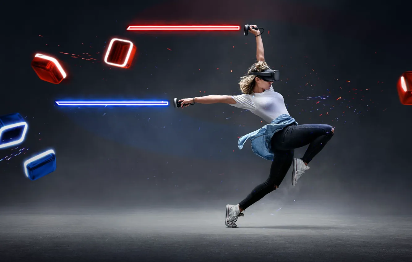 Фото обои девушка, танец, световой меч, виртуальная реальность, VR, Beat Saber