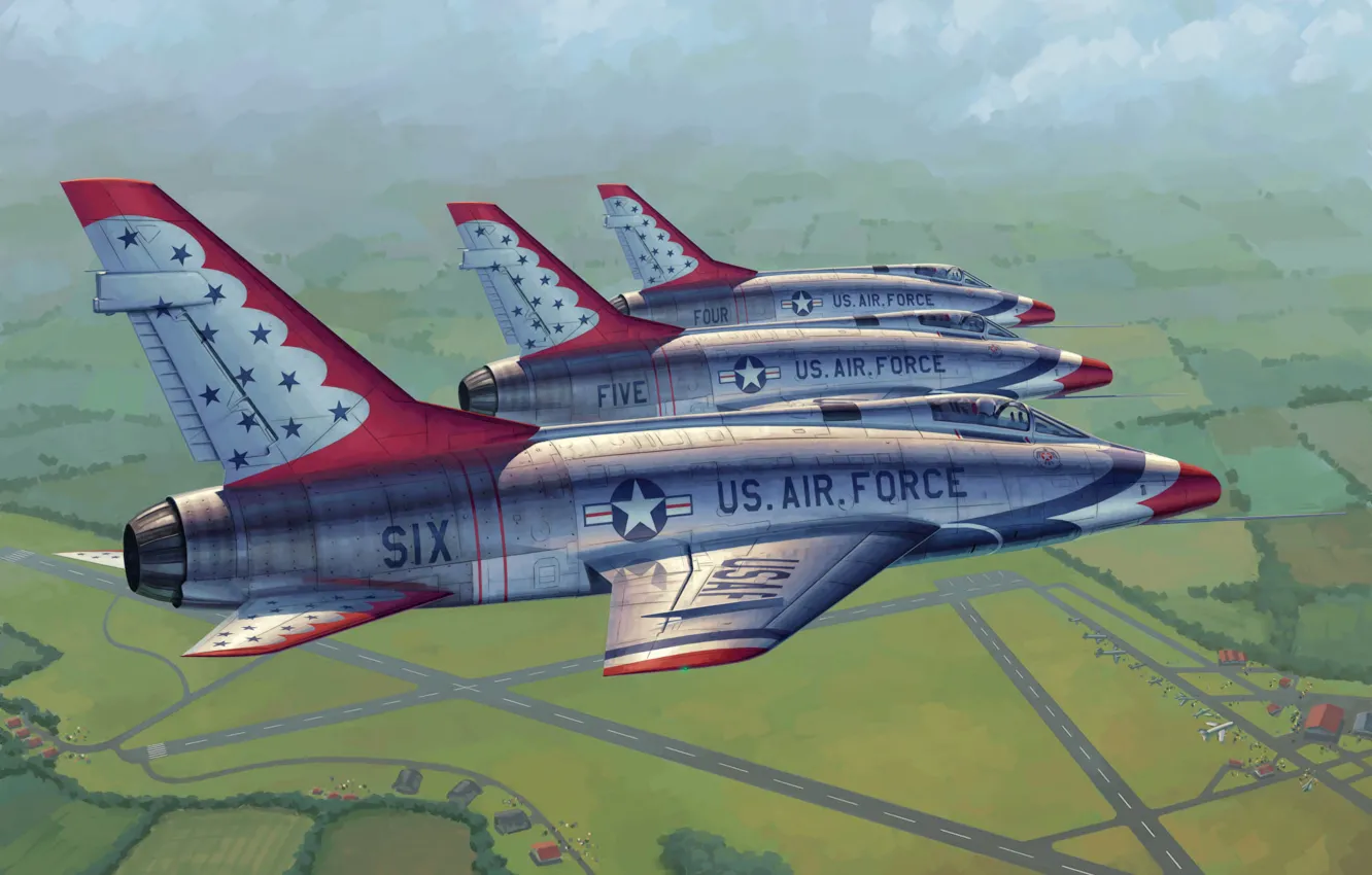 Фото обои war, art, painting, aviation, jet, F 100D Thunderbirds