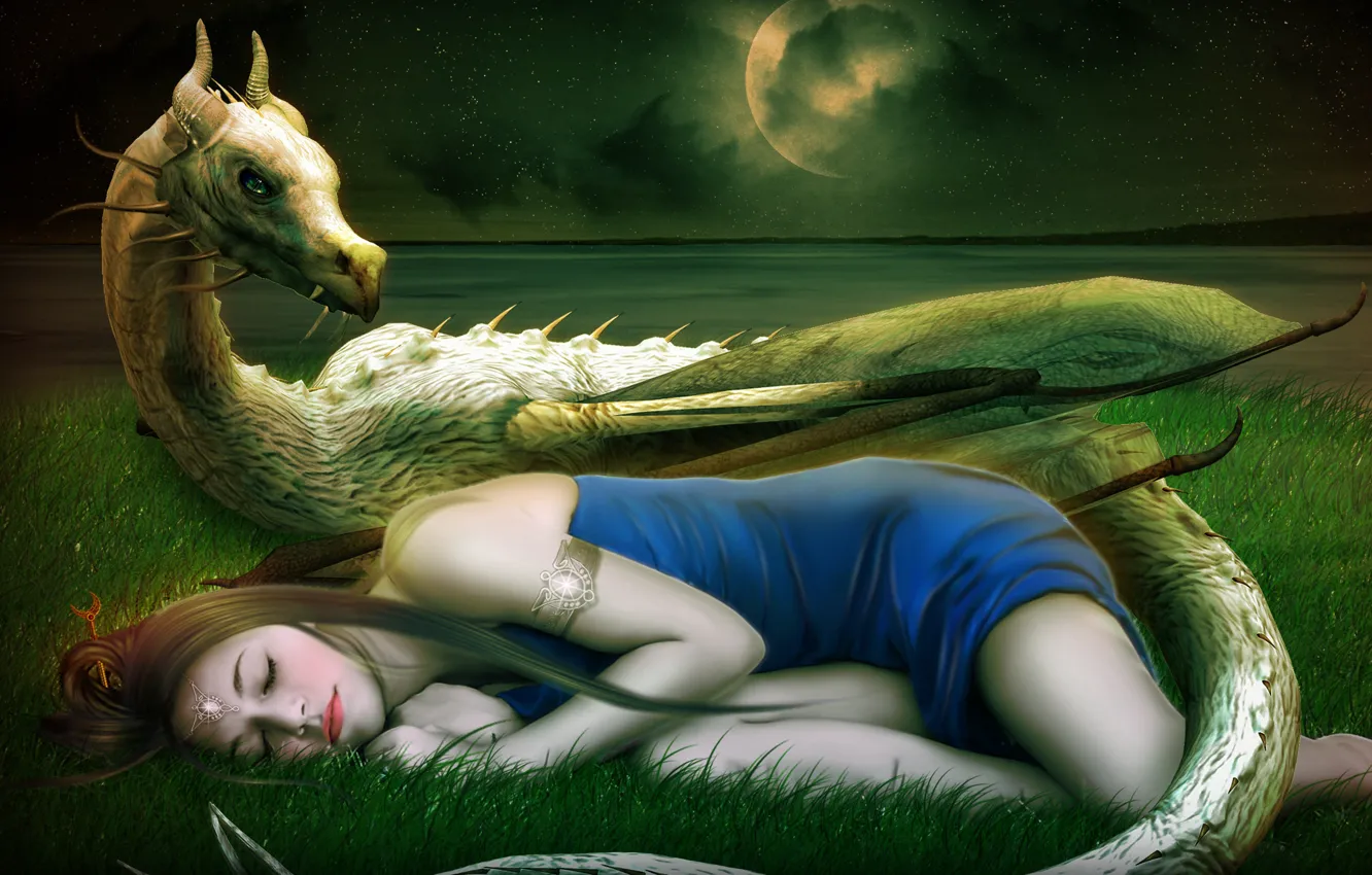 Фото обои девушка, звезды, украшения, лицо, фантастика, луна, дракон, сон