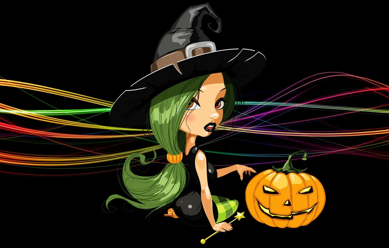 Фото обои линии, шляпа, тыква, ведьма, черный фон, сидит, зеленые волосы, Happy Halloween