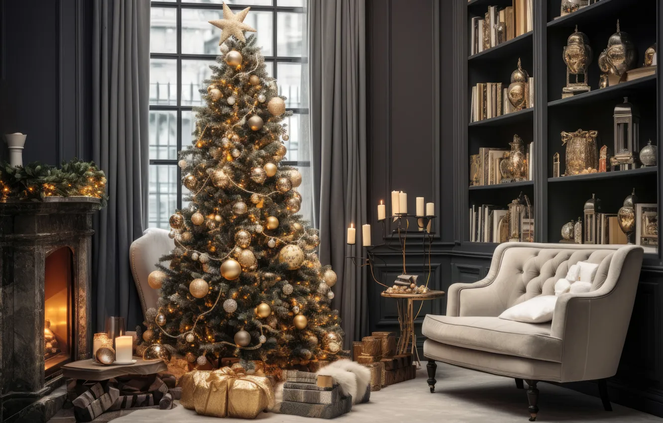 Фото обои комната, елка, интерьер, Рождество, Новый год, Christmas, tree, interior