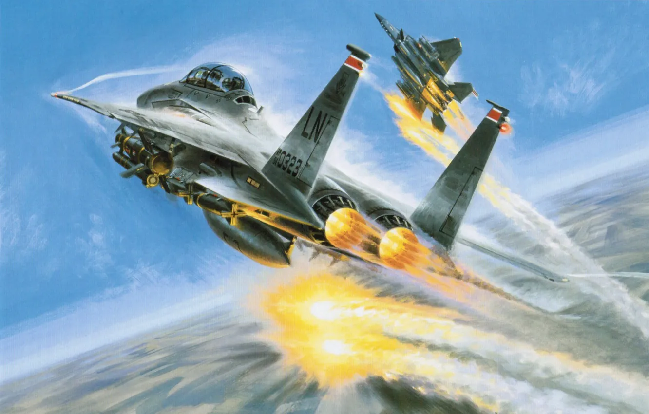 Фото обои war, art, painting, aviation, McDonnell Douglas F-15 Eagle, jet, air combat