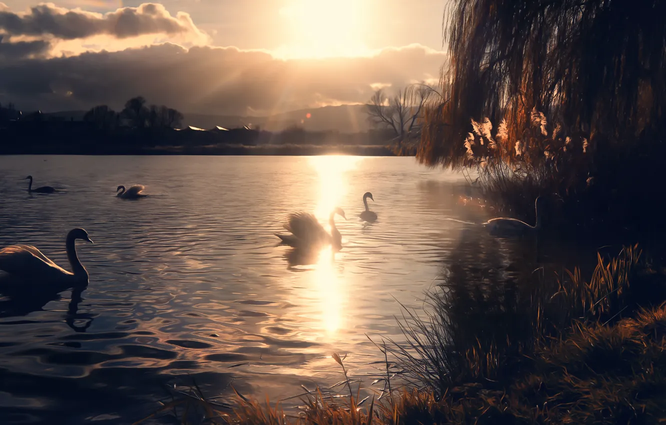 Фото обои солнце, озеро, лебеди, Miss Froggi