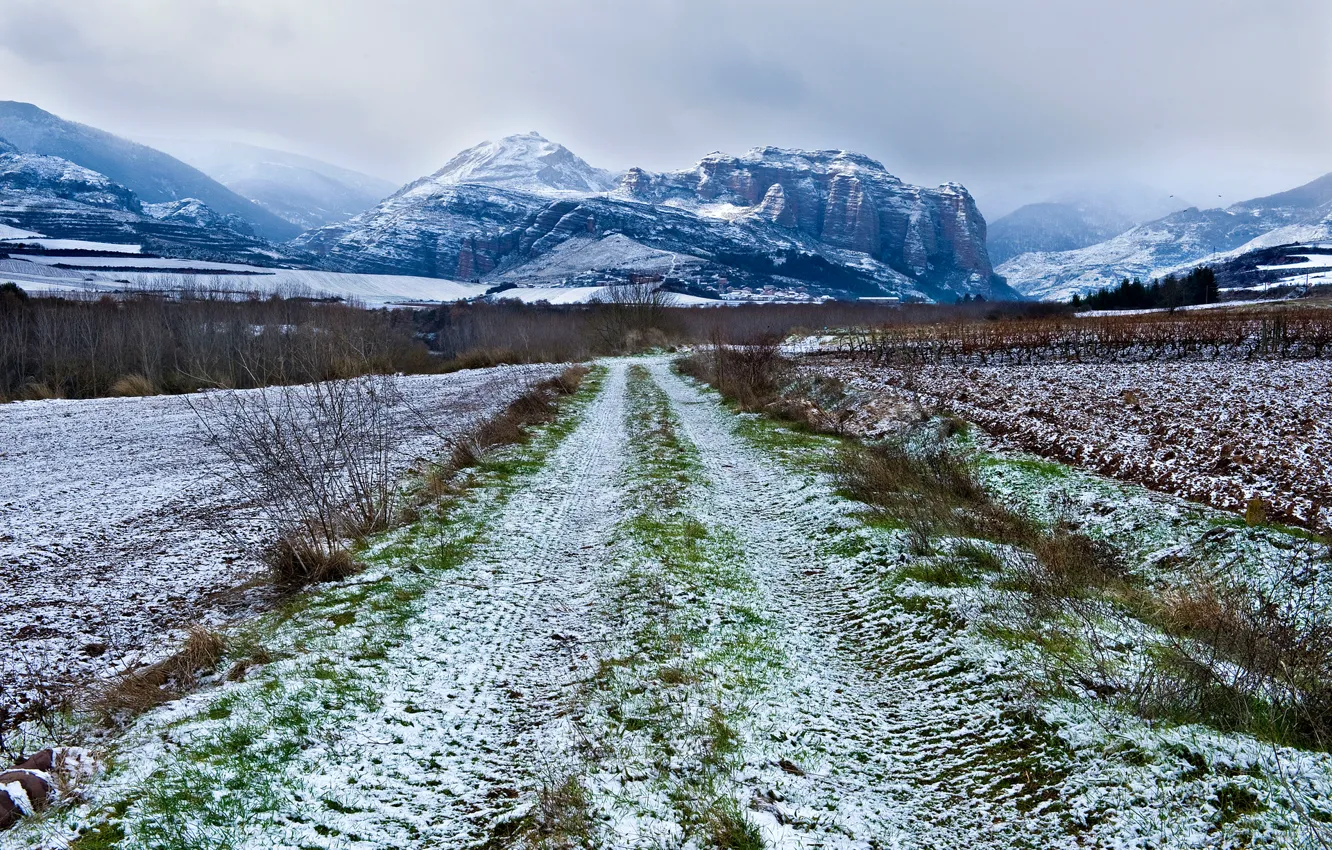 Фото обои дорога, поле, небо, снег, горы
