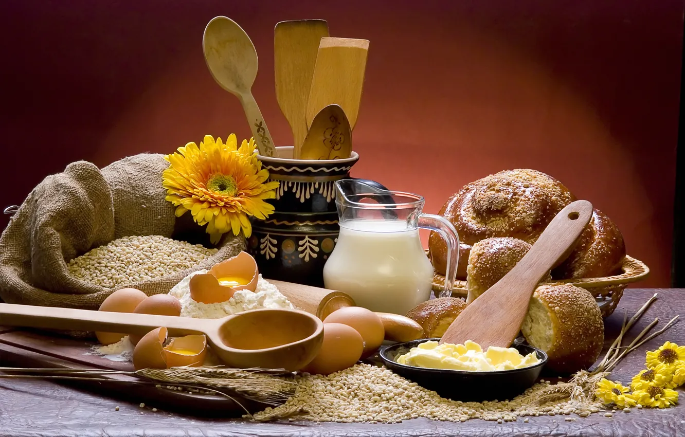 Фото обои цветы, стол, зерно, молоко, тарелка, хлеб, колосья, доска