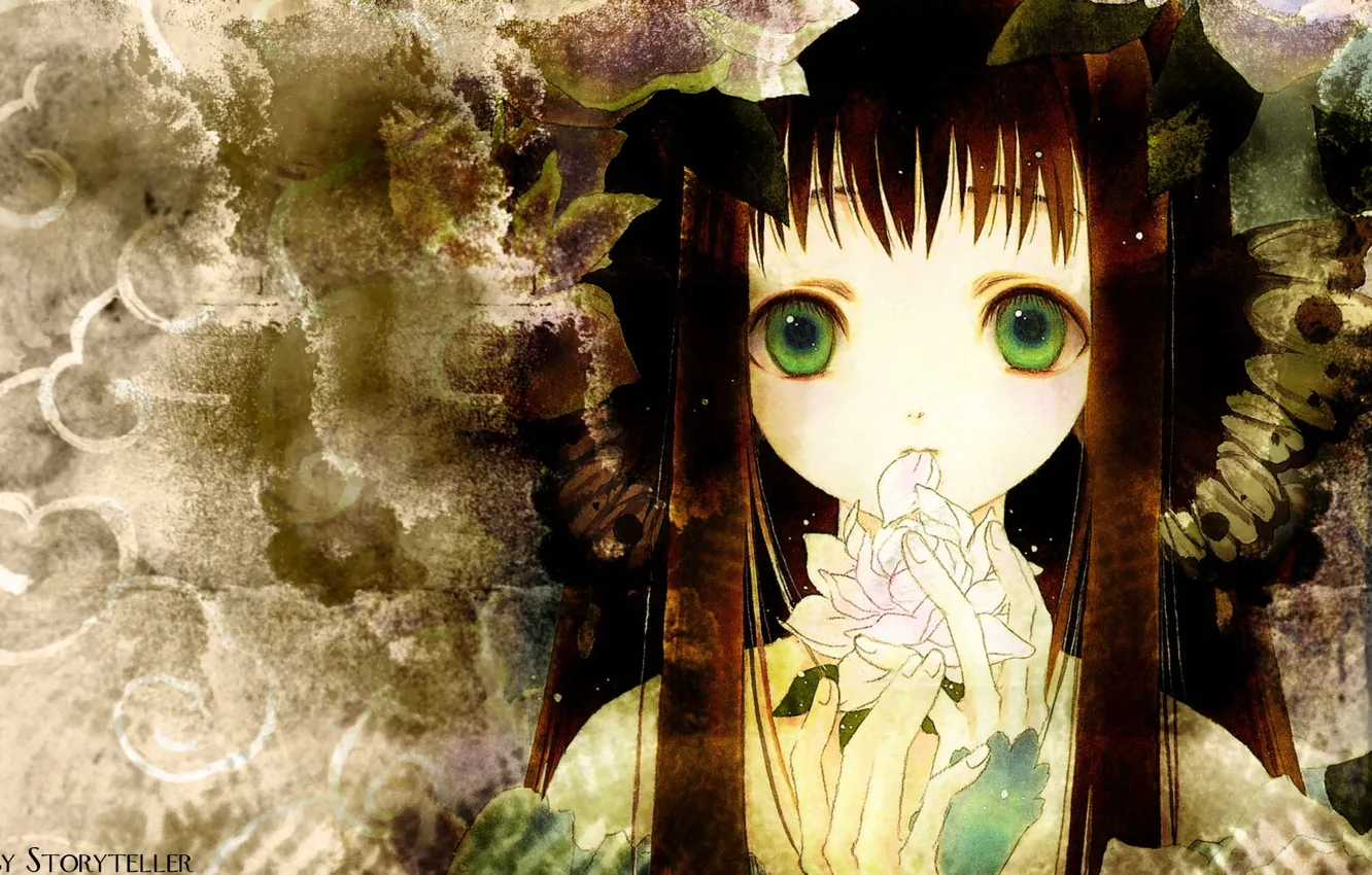 Фото обои цветок, лицо, девочка, длинные волосы, зеленые глаза, чёлка, Storyteller