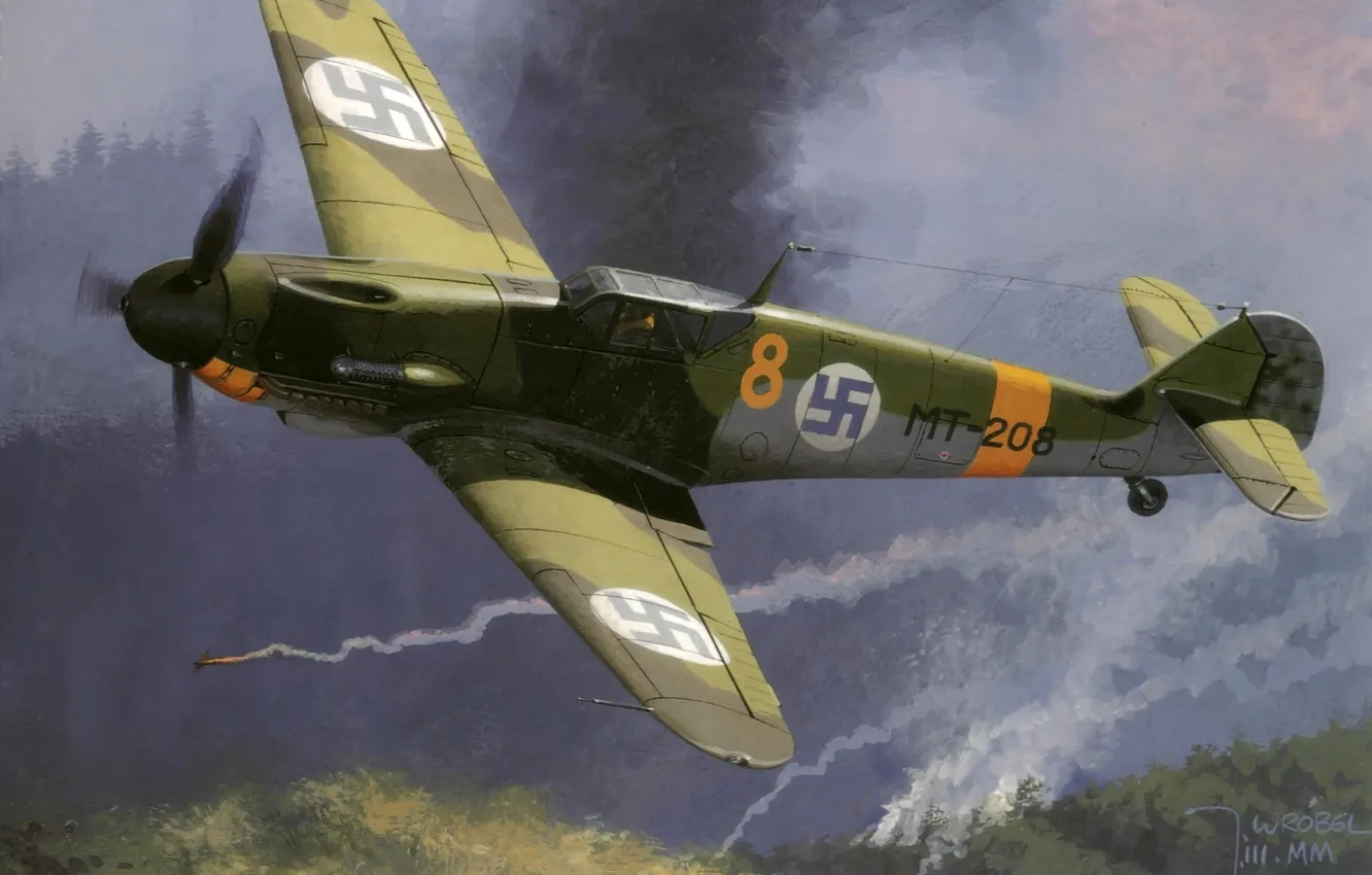 Фото обои небо, рисунок, истребитель, арт, WW2, Me-109, ВВС Финляндии