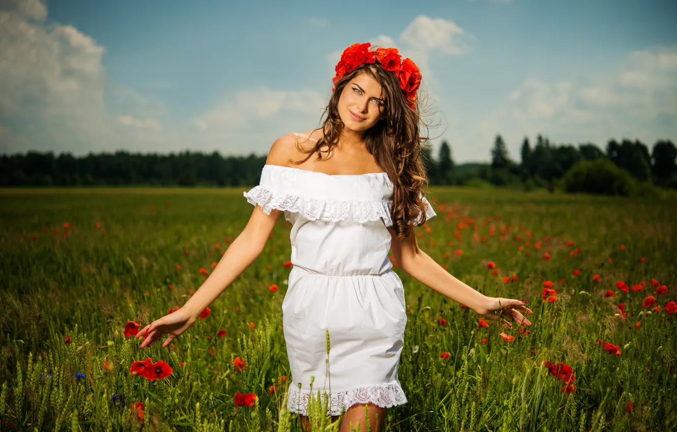 Фото обои поле, цветы, природа, маки, Девушки