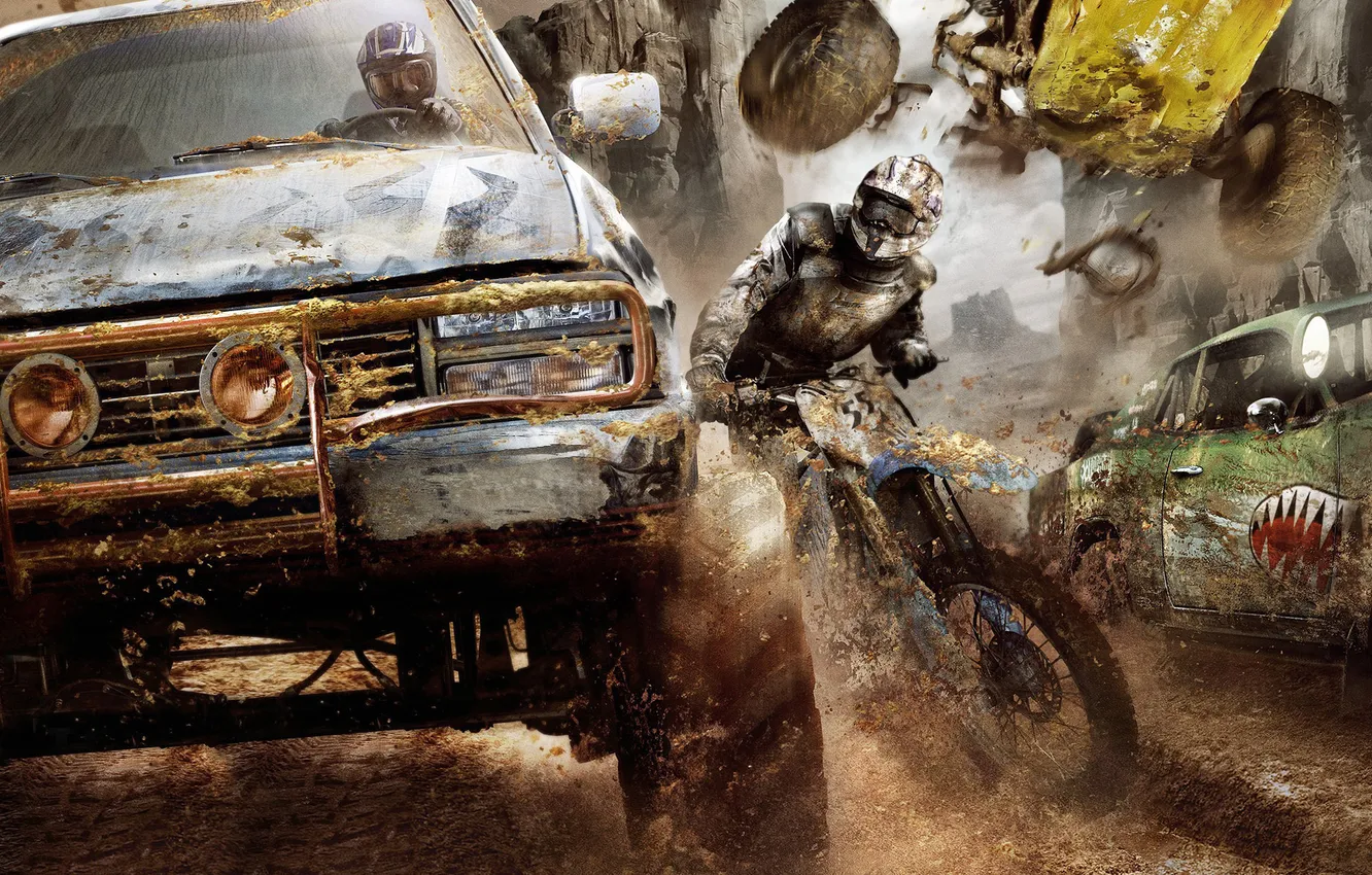 Фото обои машина, гонка, грязь, мотоцикл, Apocalypse, Motorstorm