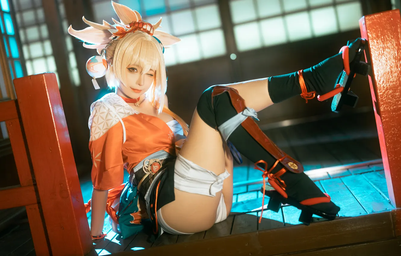 Фото обои Asian, model, women, cosplay, Genshin Impact, Yoimiya, Chun Momo