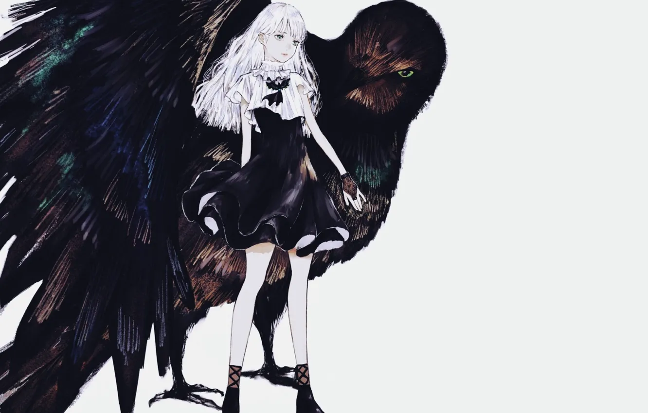 Фото обои девочка, серый фон, белые волосы, чёрное платье, митенки, черный ворон
