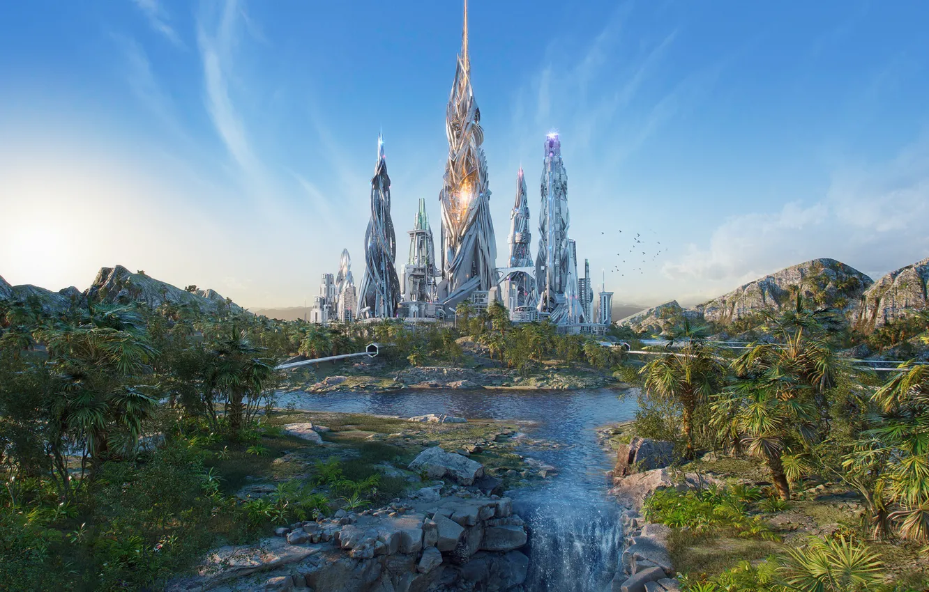 Фото обои растительность, водопад, луч, башни, Dreamstate Australia