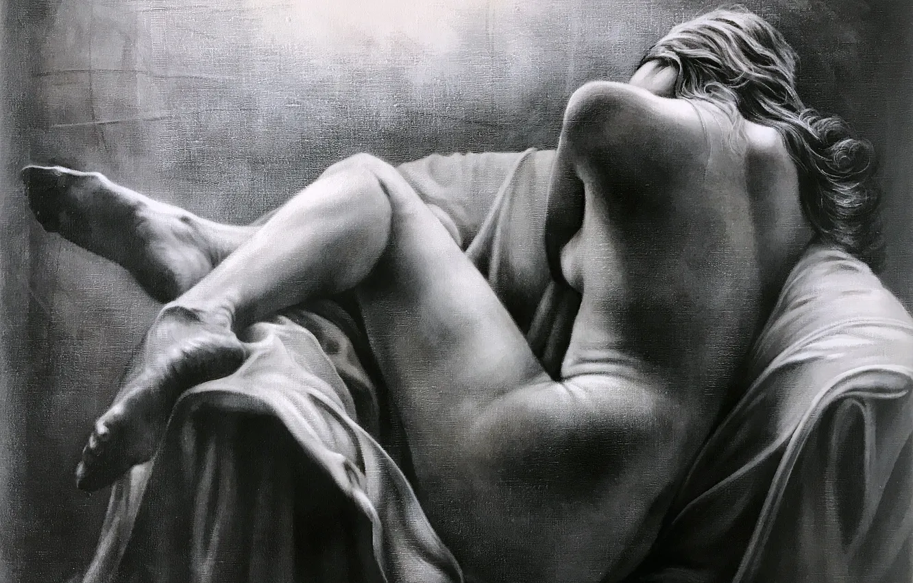 Фото обои девушка, картина, кресло, черно-белое, обнажена, испанский художник, Juan Antonio, Хуан Антонио