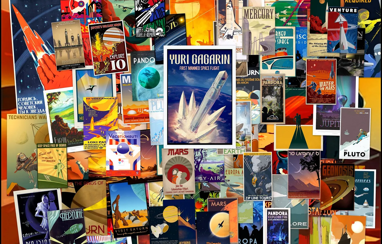 Фото обои Космос, Cosmos, Plakat, Posters, Raketa, Yuri Gagarin