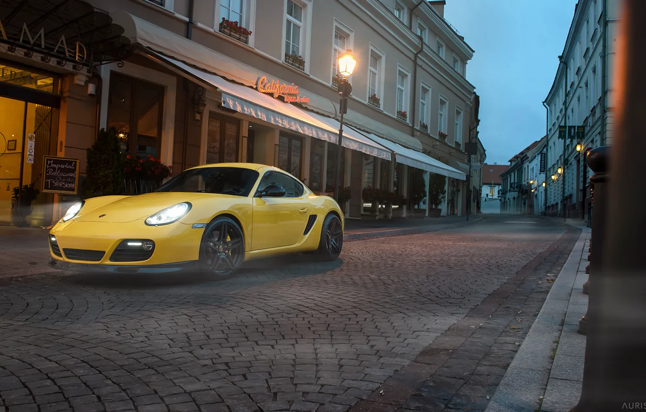Фото обои авто, улица, Porsche, Машина, фонарь, Cayman, auto