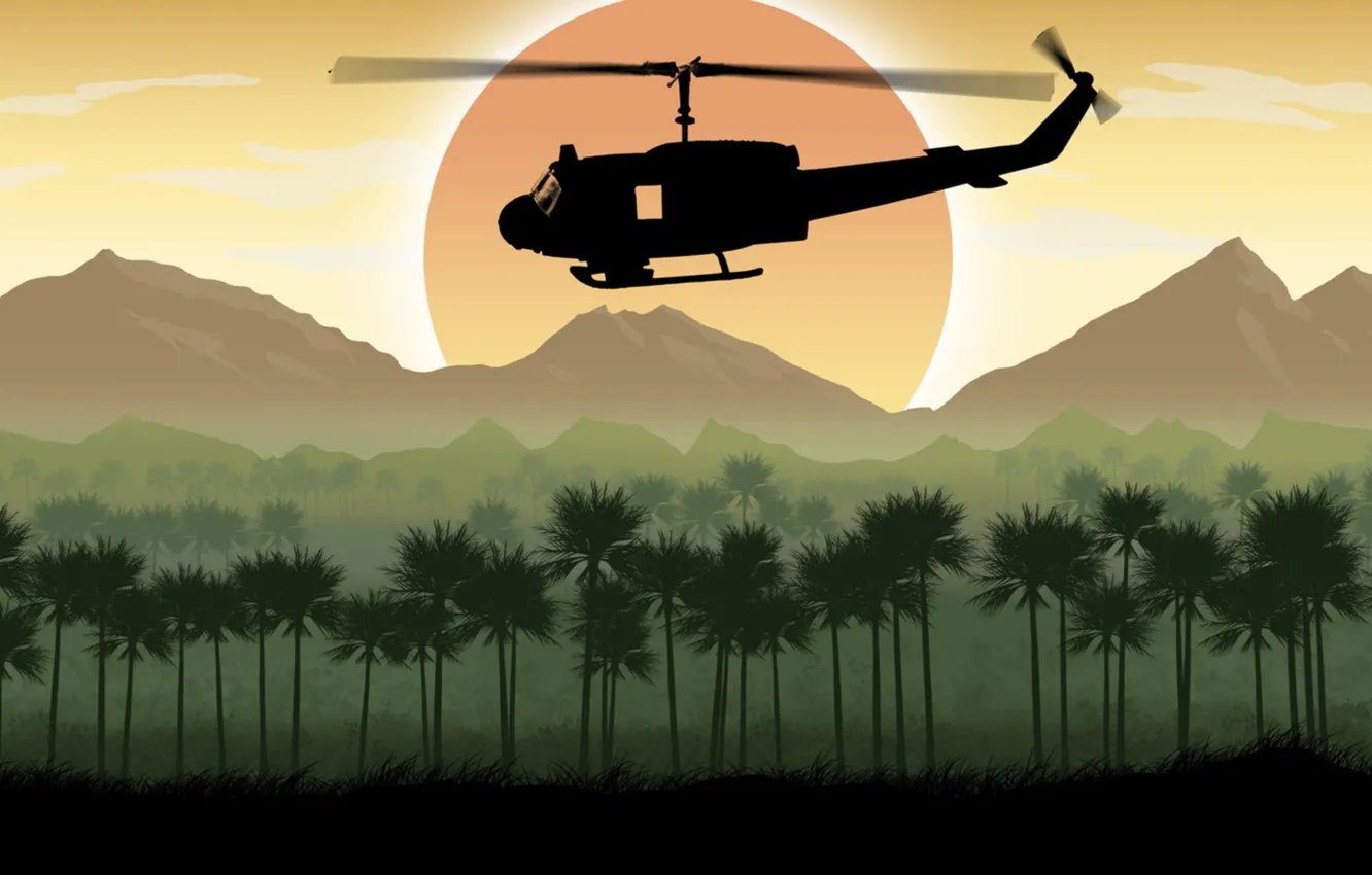 Фото обои солнце, деревья, горы, арт, вертолет, UH-1 Huey