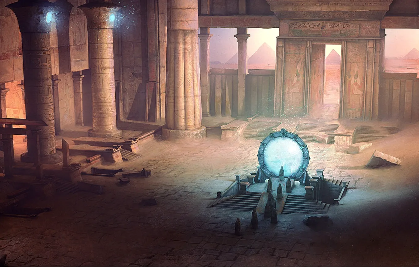 Фото обои песок, люди, Stargate, арт, колонны, храм, пирамиды, руины