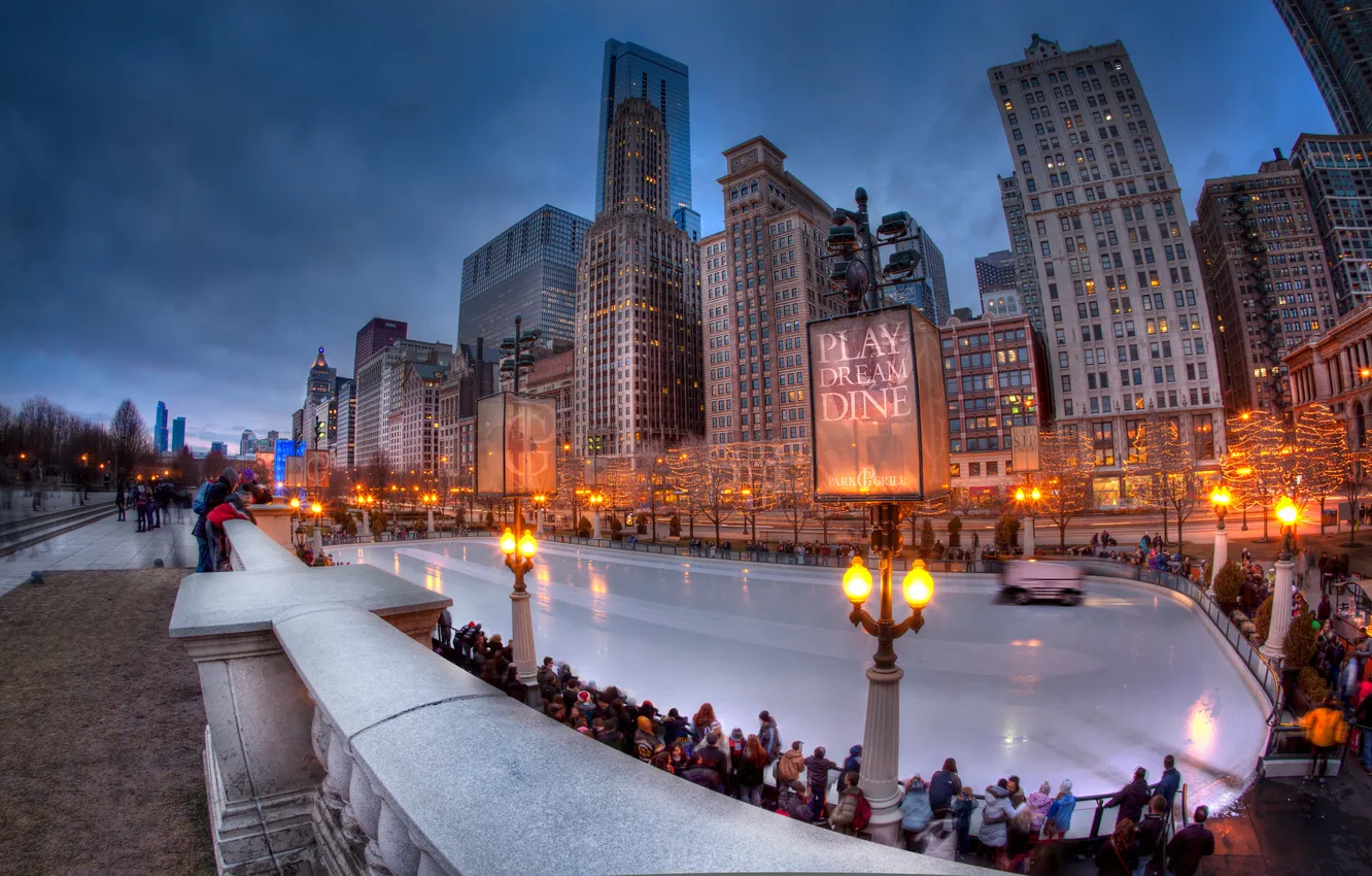Фото обои зима, город, вечер, Чикаго, каток, США, Chicago, illinois