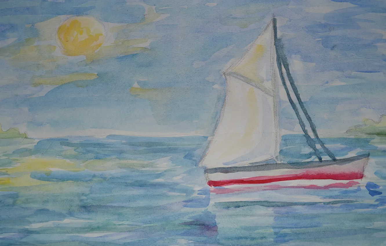 Фото обои море, солнце, рисунок, парусник, акварель, тихо